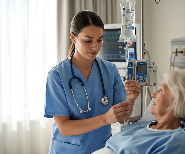 A nurse in blue scrubs with a stethoscope around her neck checks an elderly patient's IV drip in a hospital room. The patient is lying in bed, looking at the nurse. Medical equipment is visible in the background.